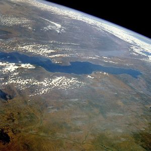 Lake Tanganyika photographed from orbit. Burton was the first European to see the lake.