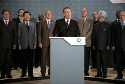 Tony Blair reads a statement following the July 7, 2005 London bombings.