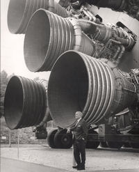Wernher von Braun, with the F-1 engines of the Saturn V first stage.