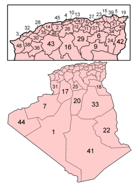 Map of the provinces of Algeria in alphabetical order.