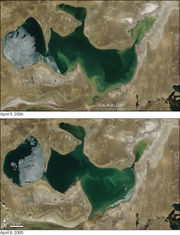 Comparison of the North Aral Sea before (below) and after (above) the construction of Dike Kokaral.