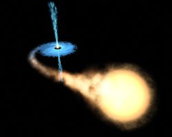 Artist's impression of a binary system consisting of a black hole, with an accretion disc around it, and a main sequence star.