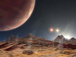 Artist's impression of a triple sunset on a conjectural moon orbiting HD 188753 Ab.