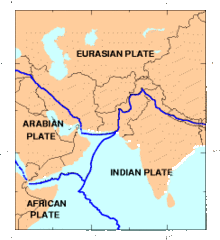 Map depicting tectonic plates shows Indian subcontinent and Eurasian landplate divide through Pakistan and Kashmir where earthquake activity is common.