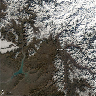 Heavy snowfall in the region around the epicenter, shown here in a January 6, 2006 NASA satellite image, has hampered relief efforts since beginning shortly after the earthquake struck.