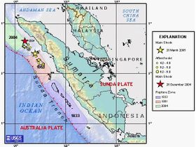 USGS image depicting earthquake zones for the Sunda Trench - Damage zones for 1833 and 1861, then 26 December 2004 Indian Ocean earthquake, and 28 March 2005 Sumatran earthquake.