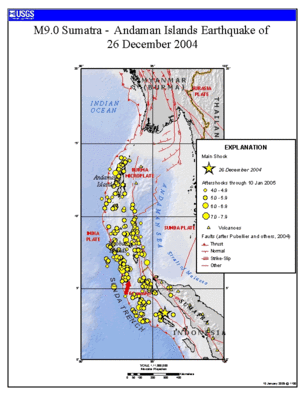 Locations of initial earthquake and all aftershocks measuring greater than 4.0 from December 26, 2004-January 10, 2005.  The initial quake is indicated by the large star in the lower right square of the grid. (Credit: USGS)