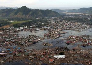 A village near the coast of Sumatra lies in ruin on January 2, 2005. This picture was taken by a United States military helicopter crew from the USS Abraham Lincoln that was conducting humanitarian operations.