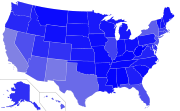 English language spread in the United States. The deeper the shade of blue, the higher the percentage of English speakers in the state.