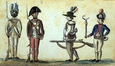 This 1780 drawing of American soldiers from the Yorktown campaign shows a black infantryman from the First Rhode Island Regiment.