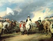 Surrender of Cornwallis at Yorktown (John Trumbull, 1797). On the right is the American flag, on the left is the white flag of the French monarchy. Despite the painting's title, Cornwallis (claiming illness) was not present and is not depicted. Washington is on horseback in the right background; because the British commander was absent, military protocol dictated that Washington have a subordinate—-in this case Benjamin Lincoln-—accept the surrender.