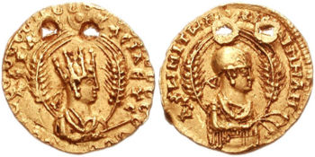 Gold coin of King Aphilas with royal tiara and features inherited from Endubis; the coin was pierced for use as jewellery and is typical of Aksumite gold coins found in India.