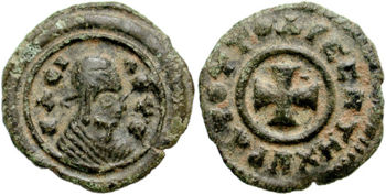 Anonymous bronze coin with Christian cross on reverse.