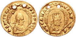 Coin of King Ousanas with two holes, typical of Aksumite gold coins found in India.