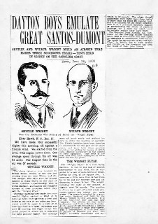 Headline from page 8 of the 18 December 1903 edition of The Dayton Daily News.From the archives of the Dayton Metro Library[1] Article refers to Wright's flight's without the "gas bag" assistance of Santos-Dumont's earlier Airships.