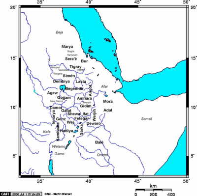 Map of medieval Ethiopian provinces, with sub-provinces in smaller lettering and neighboring tribes in italics.