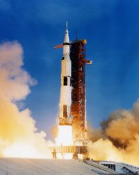 The Saturn V carrying Apollo 11 took several seconds to clear the tower on July 16, 1969.