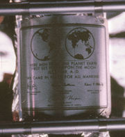 Photo of the actual plaque left on the moon (attached to the ladder of the LM Descent Stage).