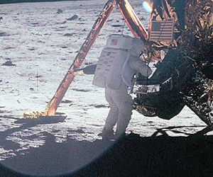 Neil Armstrong works at the LM in one of the few photos taken of him from the lunar surface. NASA photo as 11-40-5886