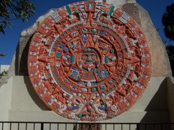 Aztec Stone of the Sun replica in El Paso, Texas, cast from the original to be found in the National Museum of Anthropology and History. A religious artefact showing how the Mexica people thought about time.