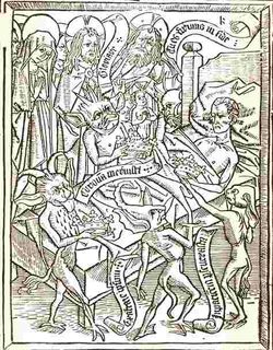 Pride of the spirit is one of the five temptations of the dying man, according to Ars moriendi. Here, Demons tempt the dying man with crowns (a medieval allegory to earthly pride) under the disapproving gaze of Mary, Christ and God. Woodblock seven (4a) of eleven, Netherlands, circa 1460.
