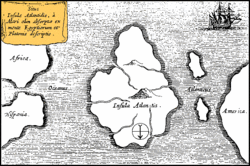 Athanasius Kircher's map of Atlantis, in the middle of the Atlantic Ocean. From Mundus Subterraneus 1669. The map is oriented with south at the top.