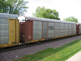 An autorack. The platform of the pictured car (the bottom strip of yellow and everything below it) is owned by TTX Corporation, while the rack (the parts above the platform painted dark red and silver) is owned by Norfolk Southern.