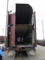 The open end of a two-level autorack that is undergoing repairs.