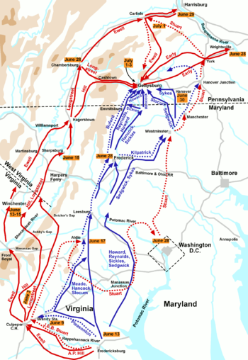 Gettysburg Campaign (through July 3); cavalry movements shown with dashed lines. ██ Confederate ██ Union 