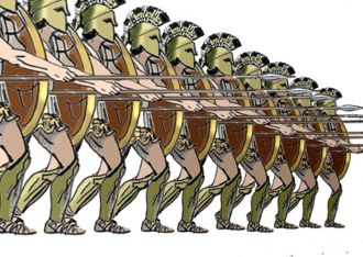 Modern drawing of a phalanx. The hoplites were not actually uniformly equipped because each soldier would buy his own arms and decorate them at his discretion.