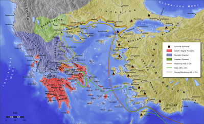 German map of the Persian Wars. Datis and Artapherne's campaign is the green line
