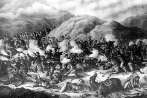 General Custer and his U. S. Army troops are defeated in battle with Native American Lakota Sioux, Crow, Northern, and Cheyenne, on the Little Bighorn Battlefield, June 25, 1876 at Little Bighorn River, Montana.