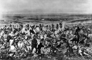 "Custer's Last Stand." Native American Lakota Sioux, Crow, Northern, and Cheyenne, defeat General Custer standing center, wearing buckskin, with few of his soldiers of the Seventh Cavalry still standing, Little Bighorn Battlefield, June 26, 1876 at the Little Bighorn River, Montana.
