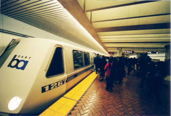 A westbound BART train in downtown San Francisco (wide-angle photo).