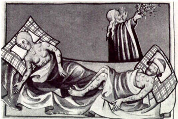 Illustration of the Black Death from the Toggenburg Bible (1411).