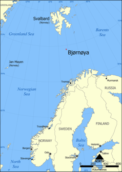 Bjørnøya is located north of mainland Norway and south of Spitsbergen.