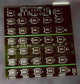 The EFF's US$250,000 DES cracking machine contained over 1,800 custom chips and could brute force a DES key in a matter of days — the photograph shows a DES Cracker circuit board fitted with several Deep Crack chips