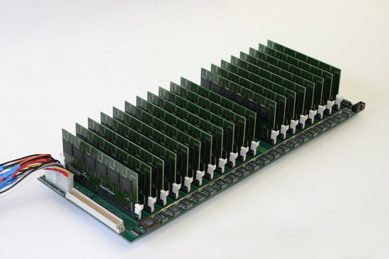 The COPACOBANA machine, built for US$10,000 by the Universities of Bochum and Kiel, contains 120 low-cost FPGAs and can perform an exhaustive key search on DES in 9 days on average. The photo shows the backplane of the machine with the FPGAs.