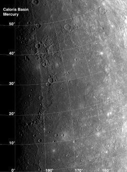 The Caloris Basin: The above is a mosaic of half of the spectacular Caloris Basin on Mercury, photographed by NASA's Mariner 10 spacecraft in 1974-75. The other half has never been photographed.