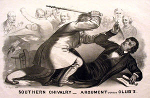 John L. Magee of Philadelphia created Southern Chivalry—Argument Versus Clubs, a lithograph that shows Northern outrage over Preston Brooks's attack on Sumner.