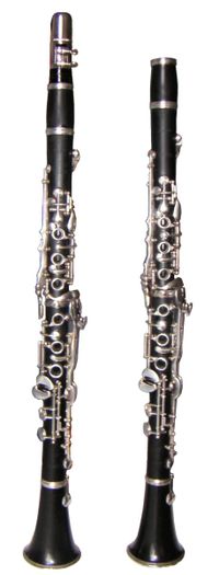 Two soprano clarinets: a B♭ clarinet (left) and an A clarinet (right, with no mouthpiece).  These use the Oehler system of keywork.