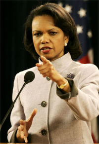 Rice joins the EU in condemning Iran's defiance of international protocol and demands Tehran halt its uranium enrichment in January 2006