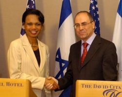 Rice shakes hands with former Israeli Foreign Minister Silvan Shalom in a July 2005 visit to Israel