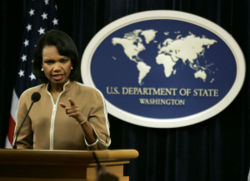 Rice delivers a special briefing on Middle East Peace in the State Department Briefing Room, July 21, 2006
