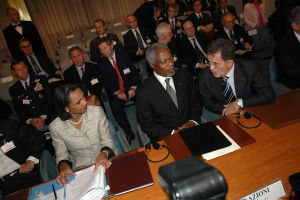 Rice, UN Secretary General Kofi Annan, and Italian Prime Minister Romano Prodi work to lay the foundation for Resolution 1701, which ultimately imposed a ceasefire on the 2006 Israel-Lebanon conflict