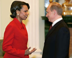 Secretary Rice speaks with Russian President Vladimir Putin during an April 2005 trip to Russia
