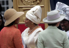 Rice (left) and Laura Bush (second from the right) meet Liberian President-Elect Ellen Johnson-Sirleaf (center), the world's first black female president, before Sirleaf's inauguration in Monrovia on January 16, 2006