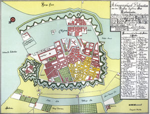 Buildings which burned are shown in yellow on this map of Copenhagen in 1728 by Joachim Hassing.