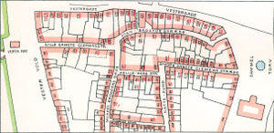 Map of Vester Kvarter where the fire started with the lot numbers from the cadastre of 1699. The numbers of the burned lots are underlined in red.
