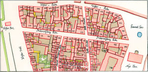 Map of Vester Kvarter after the fire with new cadastre numbers and streets. Compare it to the map above.